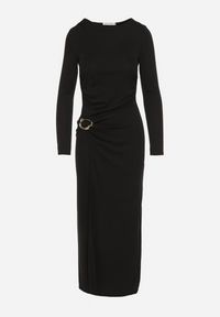 Born2be - Czarna Sukienka Koktajlowa z Aplikacją z Marszczeniem na Biodrach Rariana. Okazja: na randkę, na imprezę. Kolor: czarny. Długość rękawa: długi rękaw. Wzór: aplikacja. Styl: wizytowy #4