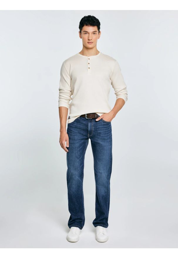 Big-Star - Bluzka męska z długim rękawem kremowa Merrts 103. Okazja: na co dzień, do pracy. Kolor: kremowy. Materiał: skóra, dzianina, jeans. Długość rękawa: długi rękaw. Długość: długie. Styl: casual