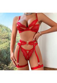 Intica - Zestaw bielizny push-up z koronkowym pasem do pończoch Torun. Kolor: czerwony. Materiał: koronka. Długość: długie #10
