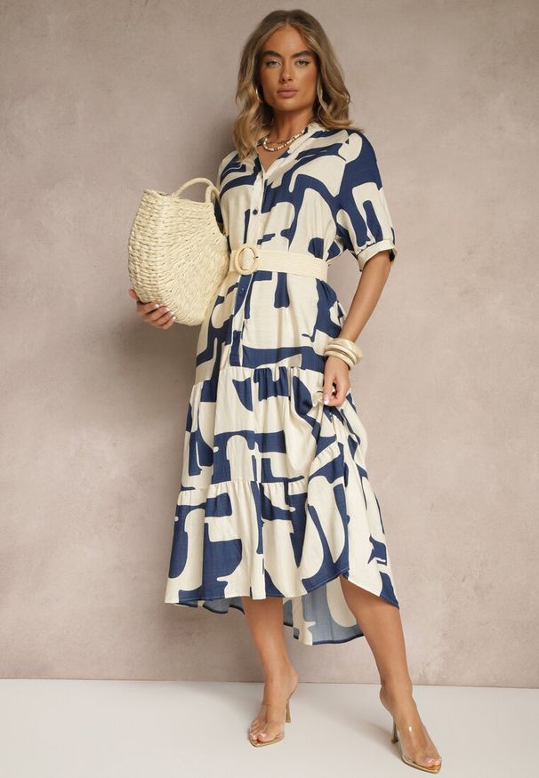 Renee - Granatowa Sukienka z Wiskozy Ozdobiona Geometrycznym Motywem Filorea. Okazja: do pracy, na randkę, na co dzień. Kolor: niebieski. Materiał: wiskoza. Wzór: geometria, aplikacja. Styl: casual, klasyczny