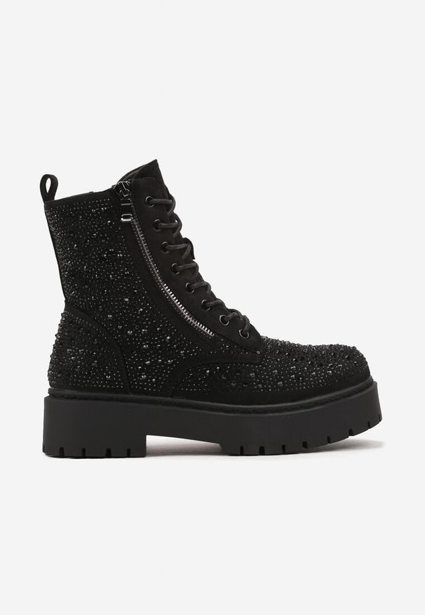Born2be - Czarne Botki na Grubej Podeszwie z Ozdobnym Suwakiem i Cyrkoniami Mairiana. Okazja: na co dzień. Kolor: czarny. Obcas: na obcasie. Styl: casual, elegancki. Wysokość obcasa: średni
