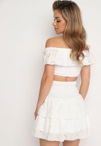 Born2be - Biały 2-Częściowy Komplet Bawełniany Ażurowy Top w Stylu Hiszpanki Spódnica z Gumką Lavima. Kolor: biały. Materiał: bawełna. Wzór: ażurowy #7