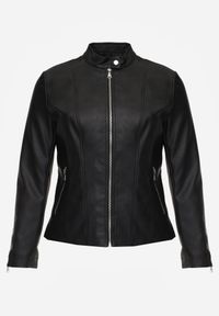 Born2be - Czarna Kurtka Ramoneska o Klasycznym Kroju ze Stójką na Nap Zeaniel. Okazja: na spacer, na co dzień. Typ kołnierza: kołnierzyk stójkowy. Kolekcja: plus size. Kolor: czarny. Materiał: poliester, skóra, jeans. Styl: klasyczny #1