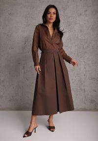 Renee - Brązowa Bawełniana Spódnica o Rozkloszowanym Kroju z Plisami Nerimara. Okazja: na co dzień. Kolor: brązowy. Materiał: bawełna. Wzór: gładki. Sezon: lato. Styl: casual #8