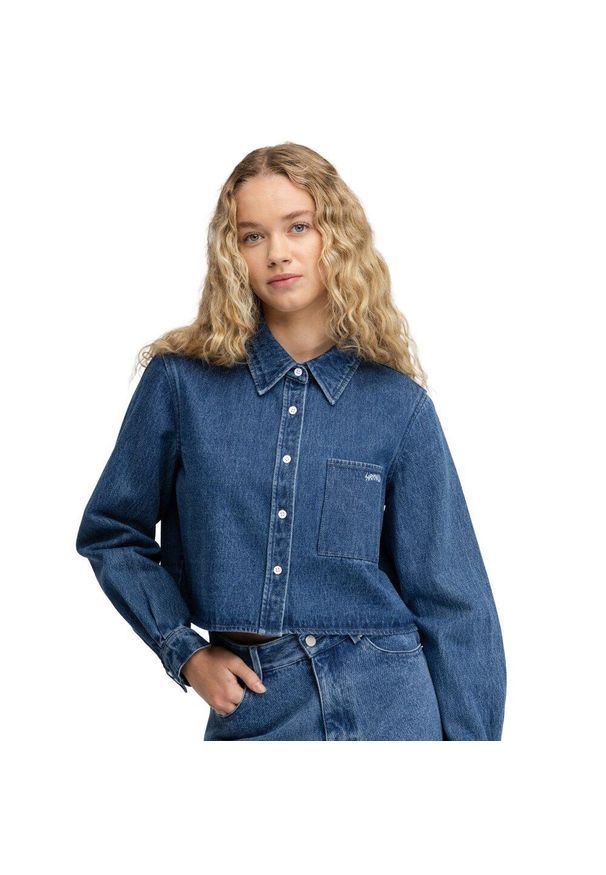 SIROKO - Damska koszula dżinsowa crop top Siroko Nimes-W Blue. Typ kołnierza: kołnierzyk klasyczny. Kolor: niebieski. Materiał: bawełna, denim. Długość: krótkie. Styl: klasyczny