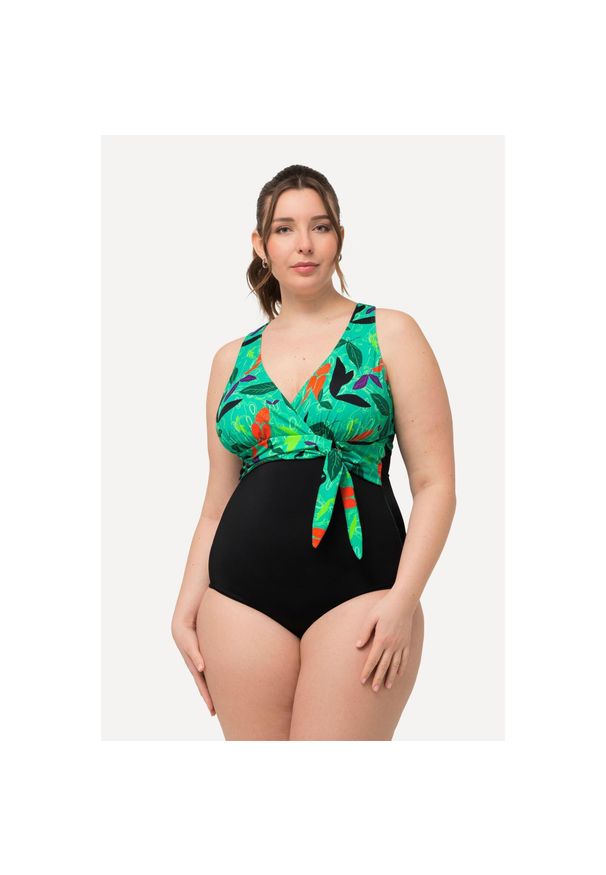 ULLA POPKEN - Damski Strój kąpielowy dekolt typu halter miękkie miseczki wiązanie. Kolekcja: plus size. Kolor: czarny. Materiał: poliester, elastan, poliamid, materiał