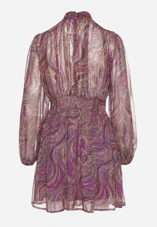 Born2be - Fioletowa Rozkloszowana Sukienka Taliowana ze Stójką i Transparentnymi Rękawami Labran. Okazja: na co dzień. Typ kołnierza: kołnierzyk stójkowy. Kolor: fioletowy. Typ sukienki: rozkloszowane. Styl: casual, elegancki