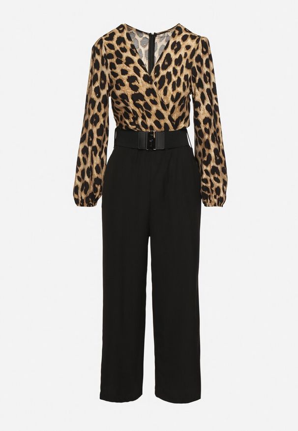 Born2be - Brązowo-Czarny Kombinezon w Panterkę z Szerokim Paskiem Vaison. Okazja: na co dzień. Kolor: brązowy. Długość rękawa: długi rękaw. Długość: długie. Wzór: motyw zwierzęcy. Styl: klasyczny, casual