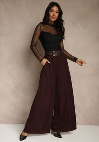 Renee - Bordowe Szerokie Garniturowe Spodnie z Bawełny High Waist Ozdobione Paskiem Tusneva. Okazja: na co dzień. Stan: podwyższony. Kolor: czerwony. Materiał: bawełna. Wzór: aplikacja. Styl: wizytowy, casual, elegancki #5