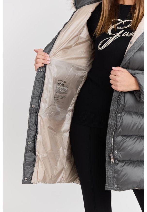 Hetrego - HETREGO Szara damska kurtka puchowa Leonie Quilted Woman Jacket With Detached Hood, Rozmiar 42 EU - 46 IT. Okazja: na co dzień. Kolor: szary. Materiał: puch. Długość rękawa: długi rękaw. Długość: długie. Styl: casual
