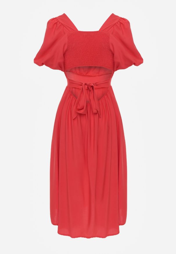 Renee - Czerwona Wiskozowa Sukienka Ozdobiona Kwadratowym Dekoltem Deviselle. Okazja: na spacer, na imprezę. Typ kołnierza: dekolt kwadratowy. Kolor: czerwony. Materiał: wiskoza. Wzór: aplikacja. Sezon: lato. Styl: elegancki