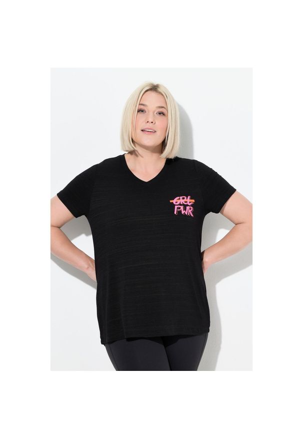 ULLA POPKEN - Damskie Bluzka funkcyjna wycięcia dekolt w serek rękaw 1/2 z recyklingu. Typ kołnierza: dekolt w serek. Kolekcja: plus size. Kolor: czarny. Materiał: wiskoza, poliester, materiał, elastan