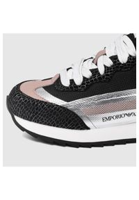 Emporio Armani - EMPORIO ARMANI Czarne sneakersy damskie ze srebrnymi elementami. Kolor: czarny. Materiał: skóra, zamsz, materiał. Szerokość cholewki: normalna #7