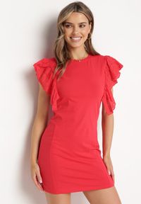 Born2be - Czerwona Dopasowana Bawełniana Sukienka z Ażurową Falbanką Belohia. Kolor: czerwony. Materiał: bawełna. Długość rękawa: krótki rękaw. Wzór: ażurowy. Sezon: wiosna, lato. Typ sukienki: dopasowane. Styl: klasyczny, elegancki #7