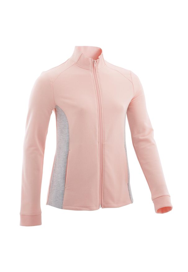 DOMYOS - Bluza dziecięca Domyos rozpinana. Kolekcja: plus size. Kolor: różowy. Materiał: bawełna, materiał, poliester, elastan. Wzór: nadruk