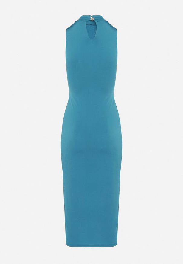 Born2be - Niebieska Sukienka z Półgolfem z Rozcięciem na Przodzie Aelwyn. Okazja: na imprezę, na co dzień. Kolor: niebieski. Materiał: skóra. Długość rękawa: krótki rękaw. Styl: casual