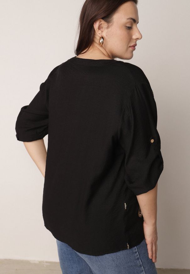 Born2be - Czarna Wiskozowa Koszula Boho z Haftem i Podpinanymi Rękawami 3/4 Cheridenah. Okazja: na co dzień. Kolekcja: plus size. Kolor: czarny. Materiał: wiskoza. Wzór: haft. Styl: boho