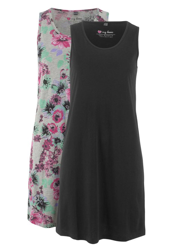 Sukienka z dżerseju (2 szt.) bonprix jasnoszary melanż w kwiaty + czarny. Kolor: szary. Materiał: jersey. Wzór: melanż, kwiaty