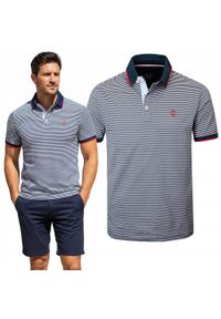 Męska Koszulka Polo - Pako Jeans - Granatowy Prążek. Okazja: na co dzień. Typ kołnierza: polo. Kolor: niebieski. Materiał: bawełna. Wzór: prążki, paski. Styl: casual #2