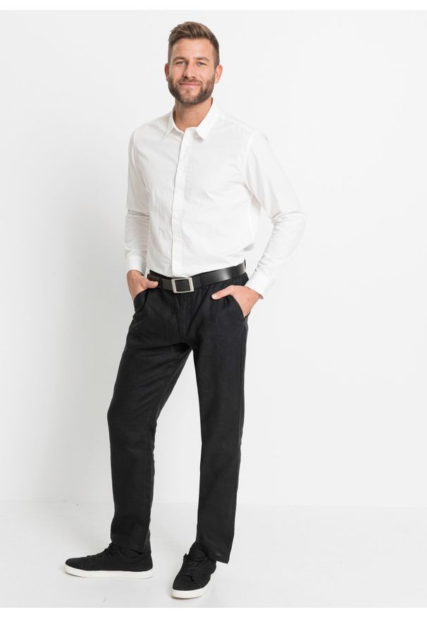 bonprix - Spodnie lniane Regular Fit Straight z wygodnym paskiem. Kolor: czarny. Materiał: len