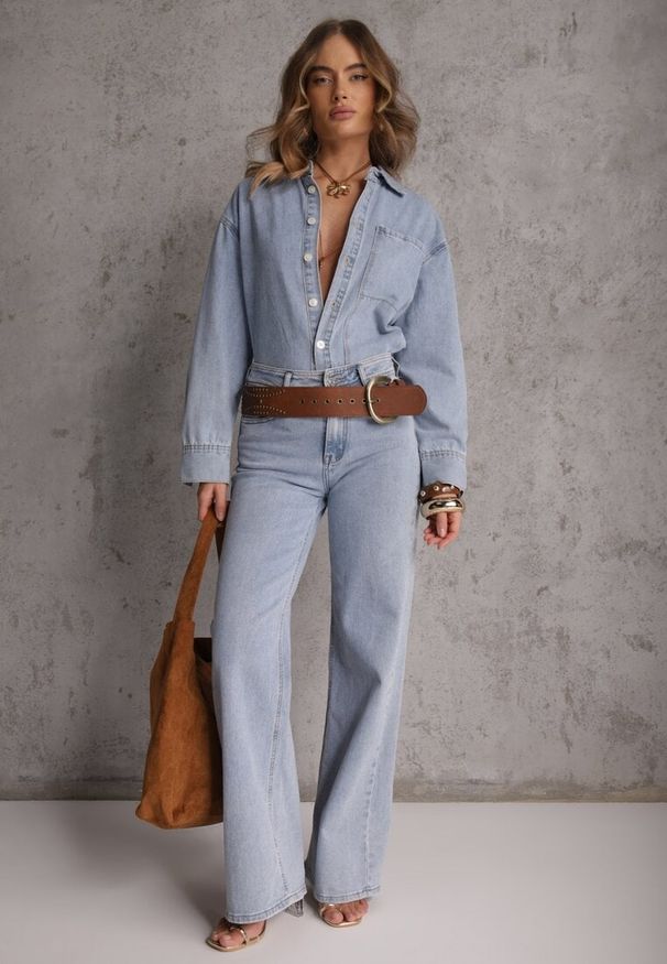 Renee - Niebieska Jeansowa Koszula z Bawełną z Przeszyciami Nekki. Okazja: na co dzień. Kolor: niebieski. Materiał: bawełna, jeans. Wzór: kolorowy. Sezon: lato. Styl: casual