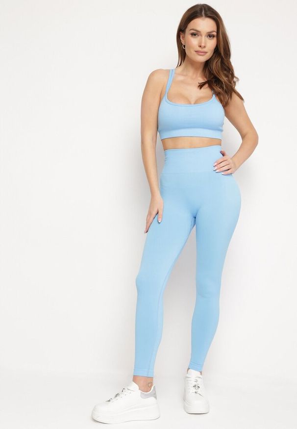 Born2be - Niebieski Komplet Sportowy Biustonosz na Ramiączkach i Legginsy z Gumką w Pasie Nadlira. Kolor: niebieski