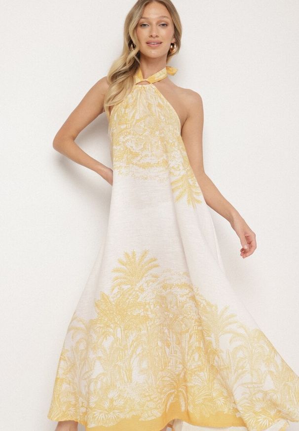Born2be - Żółta Sukienka z Wiskozą i Motywem Palm z Wiązaniem Izomara. Okazja: na co dzień, na spacer. Kolor: żółty. Materiał: wiskoza. Sezon: lato. Styl: casual, elegancki