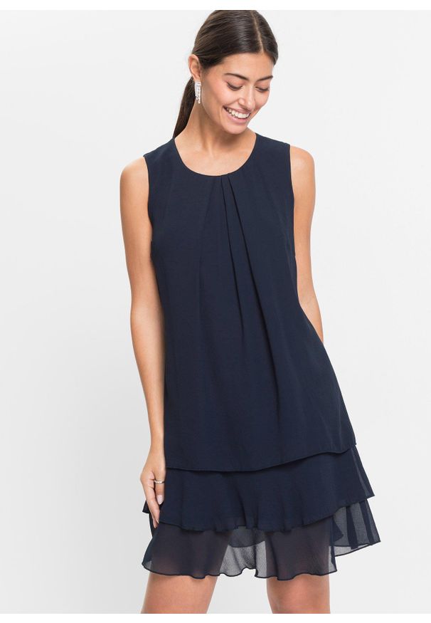 bonprix - Sukienka szyfonowa z poliestru z recyklingu. Kolor: niebieski. Materiał: poliester, szyfon. Długość rękawa: bez rękawów. Styl: elegancki