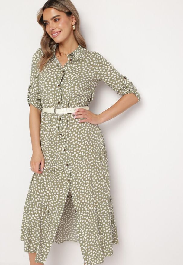 Born2be - Zielona Koszulowa Sukienka Bawełniana Maxi w Kropki o Rozkloszowanym Kroju Lirtia. Kolor: zielony. Materiał: bawełna. Wzór: kropki. Typ sukienki: koszulowe. Długość: maxi