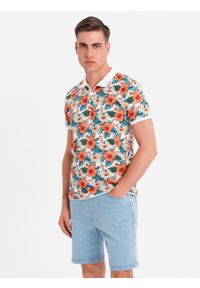Ombre Clothing - Koszulka polo bawełniana z nadrukiem w kwiaty – biała V1 OM-POSS-0149 - XXL. Okazja: na co dzień. Typ kołnierza: polo. Kolor: biały. Materiał: bawełna. Wzór: kwiaty, nadruk. Sezon: lato. Styl: wakacyjny, elegancki, casual