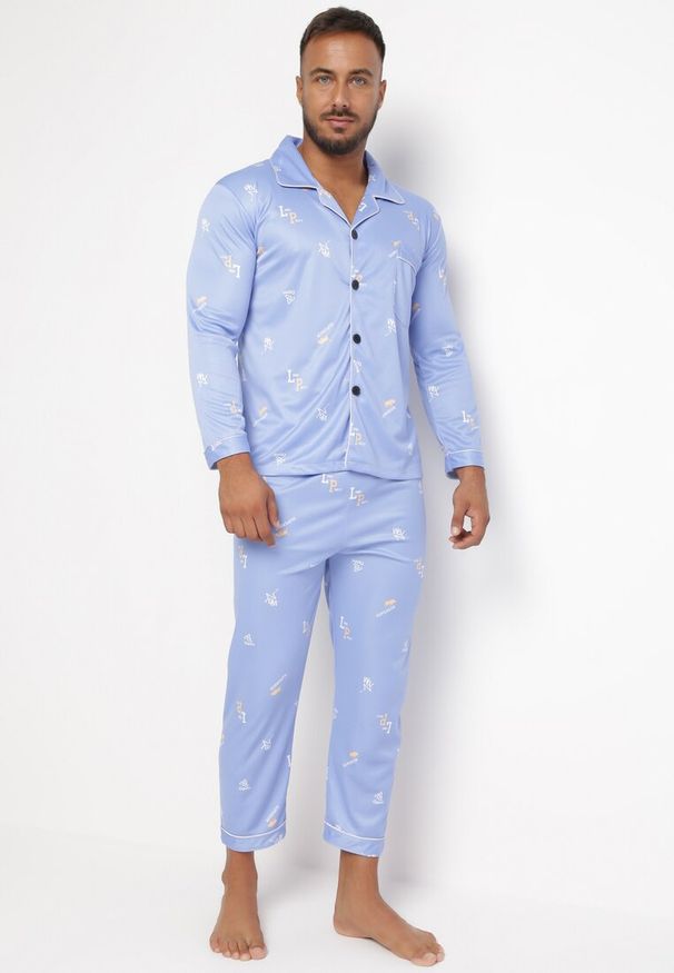 Born2be - Jasnoniebieska Bawełniana Piżama 2-częściowa z Koszulą i Spodniami Lallitte. Kolor: niebieski. Materiał: bawełna. Wzór: aplikacja