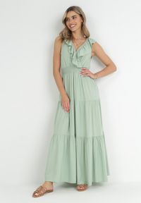 Born2be - Miętowa Sukienka Maxi z Marszczoną Gumką w Pasie i Wiązaniem na Plecach Vaida. Typ kołnierza: kołnierz z falbankami. Kolor: miętowy. Długość rękawa: bez rękawów. Długość: maxi #6