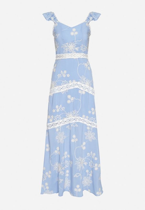 Born2be - Niebieska Wiskozowa Sukienka Ozdobiona Haftami i Falbankami Lumionea. Typ kołnierza: kołnierz z falbankami. Kolor: niebieski. Materiał: wiskoza. Wzór: aplikacja, haft. Styl: elegancki