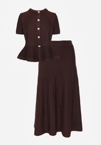 Renee - Brązowy Komplet z Wiskozą Bluzka z Guzikami i Baskinką i Spódnica Narinna. Kolor: brązowy. Materiał: wiskoza #7