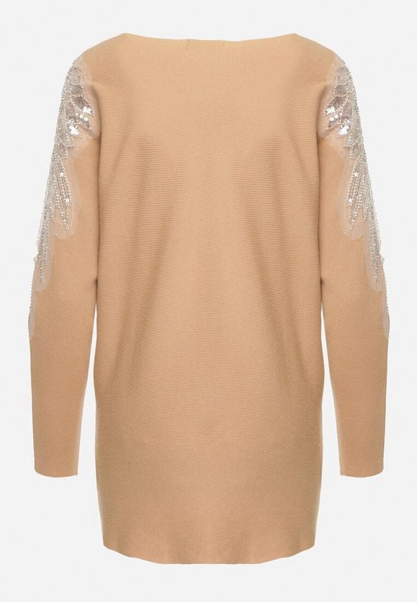 Born2be - Ciemnobeżowy Sweter z Wiskozą Ozdobiony Cekinami i Koralikami Nevalisse. Okazja: na co dzień. Kolor: beżowy. Materiał: wiskoza. Wzór: aplikacja. Styl: elegancki, casual