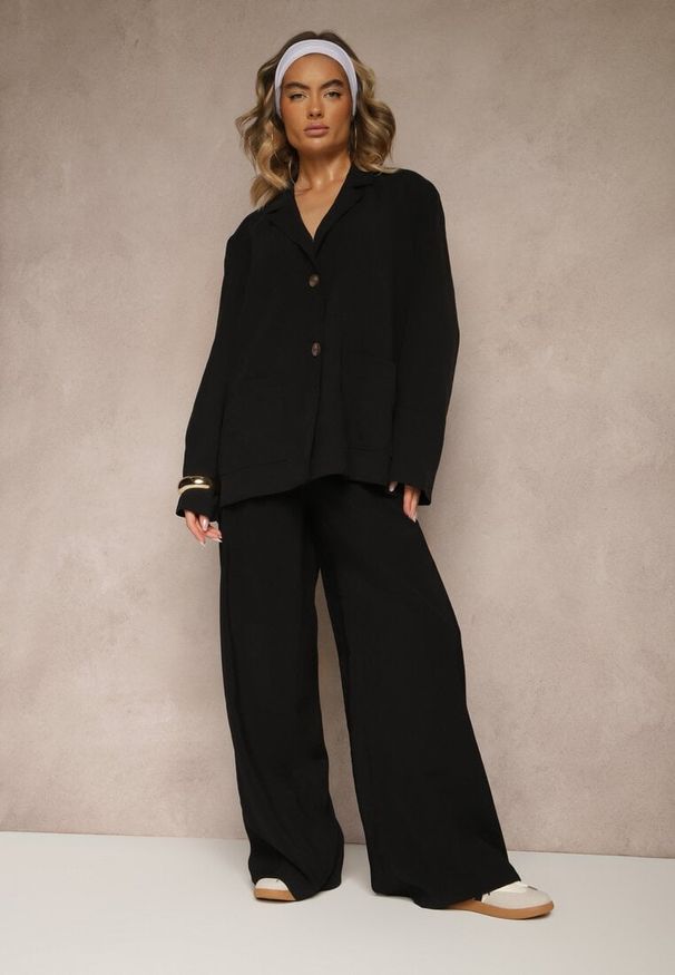 Renee - Czarne Spodnie Low Waist z Modalu z Szeroką Nogawką Reanelira. Okazja: na co dzień. Stan: obniżony. Kolor: czarny. Styl: klasyczny, elegancki, casual