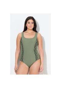 ULLA POPKEN - Damskie Strój kąpielowy lamówka bez miękkich miseczek okrągły dekolt. Kolekcja: plus size. Kolor: zielony. Materiał: elastan, materiał, poliester, poliamid