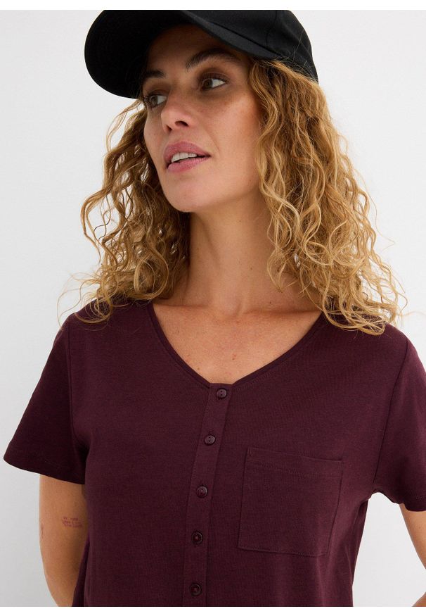 bonprix - T-shirt z plisą guzikową. Typ kołnierza: dekolt w serek. Kolor: czerwony