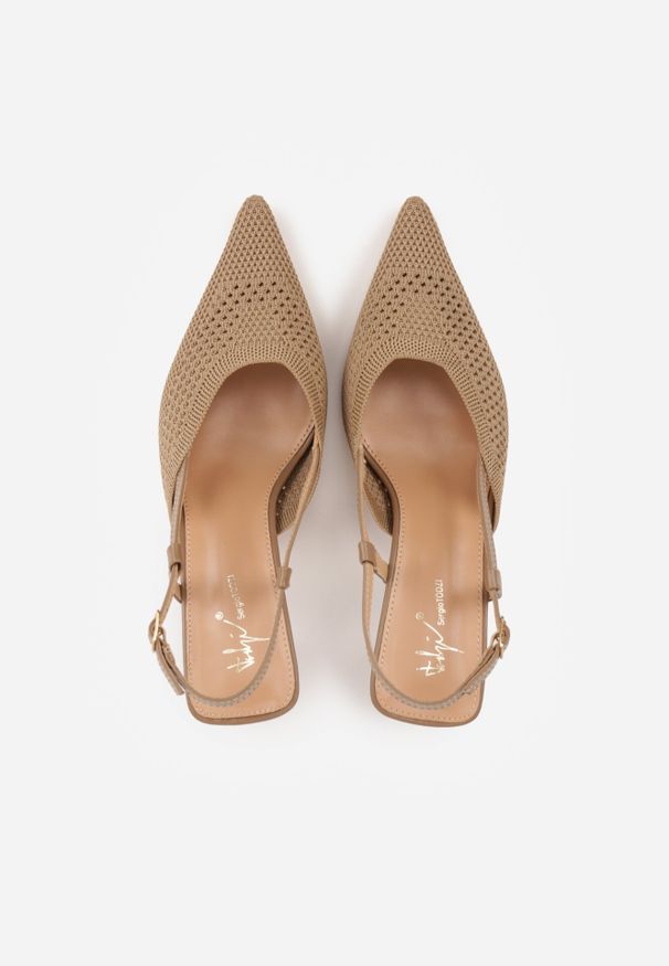 Born2be - Ciemnobeżowe Czółenka na Szpilce z Odkrytą Piętą i Ażurową Cholewką Erifera. Okazja: na co dzień. Zapięcie: sprzączka. Kolor: beżowy. Materiał: jeans. Szerokość cholewki: normalna. Wzór: ażurowy. Obcas: na szpilce. Styl: elegancki, klasyczny, casual