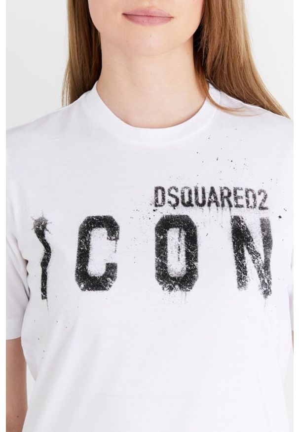 DSQUARED2 Biały t-shirt damski icon spray, Rozmiar M. Kolor: biały. Materiał: bawełna, prążkowany. Wzór: nadruk