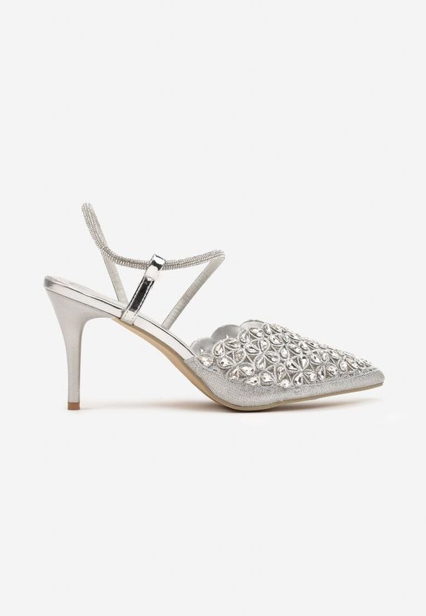 Renee - Srebrne Sandały na Szpilce Slingback z Cyrkoniami Dimte. Okazja: na co dzień. Kolor: srebrny. Wzór: aplikacja. Obcas: na szpilce. Styl: wizytowy, elegancki, casual. Wysokość obcasa: wysoki