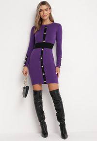 Born2be - Fioletowa Sweterkowa Sukienka Mini Liena. Kolor: fioletowy. Materiał: tkanina, dzianina. Wzór: aplikacja. Długość: mini #2