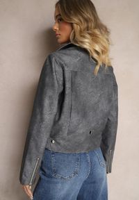 Renee - Szara Kurtka o Kroju Ramoneski z Paskiem ze Sprzączką i Kieszeniami Milvila. Okazja: na co dzień. Kolor: szary. Materiał: jeans. Styl: klasyczny, rockowy, casual, elegancki