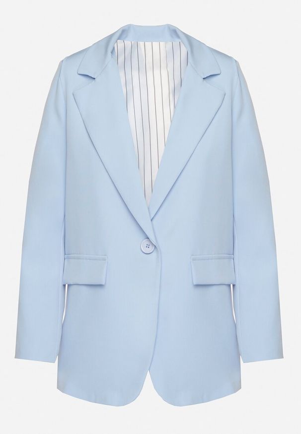 Born2be - Niebieska Marynarka Jednorzędowa ze Wzorem Pasków Viviella. Okazja: na co dzień, na spotkanie biznesowe. Kolor: niebieski. Materiał: jeans. Styl: klasyczny, casual, elegancki, biznesowy