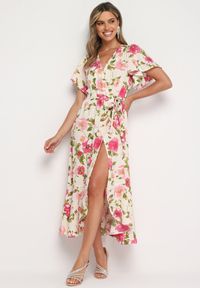 Born2be - Beżowo-Różowa Sukienka z Kopertowym Dekoltem Gumką w Pasie i Materiałowym Paskiem Genatia. Kolor: beżowy. Materiał: materiał. Długość rękawa: krótki rękaw. Sezon: lato. Typ sukienki: kopertowe #7