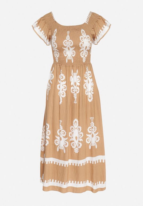 Born2be - Beżowa Wiskozowa Sukienka w Ornamentalne Wzory o Rozkloszowanym Kroju Divessa. Kolor: beżowy. Materiał: wiskoza. Długość rękawa: krótki rękaw. Typ sukienki: proste
