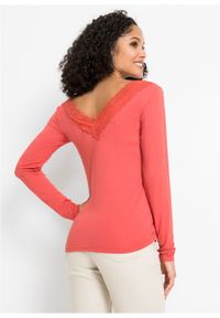 Shirt z długim rękawem z koronki, TENCEL™ lyocell bonprix matowy koralowy. Kolor: czerwony. Materiał: materiał, elastan, wiskoza. Długość rękawa: długi rękaw. Długość: długie. Wzór: koronka #5
