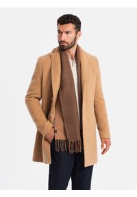 Ombre Clothing - Jednorzędowy długi męski płaszcz w stylu garniturowym – jasnobrązowy V3. Kolor: brązowy. Materiał: tkanina, poliester, materiał. Długość: długie. Wzór: jednolity. Styl: elegancki
