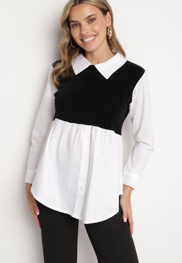 Born2be - Biało-Czarna Bluzka Koszulowa z Bawełną Połączona z Dzianinową Kamizelką Etamaris. Typ kołnierza: kołnierzyk klasyczny. Kolor: biały. Materiał: dzianina, bawełna. Długość rękawa: długi rękaw. Długość: długie. Styl: elegancki, klasyczny