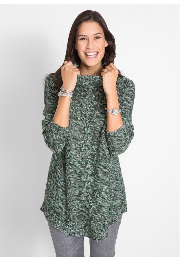 bonprix - Sweter poncho, długi rękaw. Typ kołnierza: golf. Kolor: zielony. Długość rękawa: długi rękaw. Długość: długie